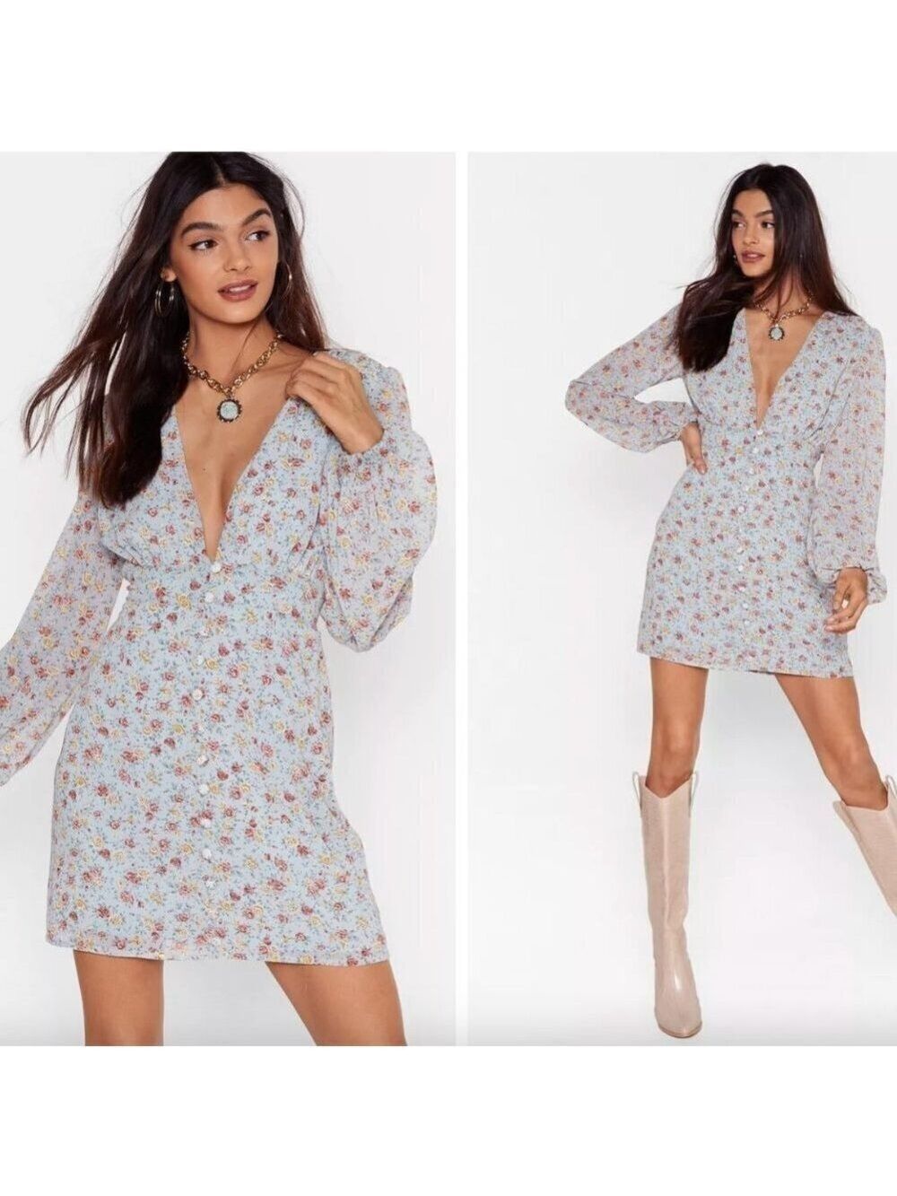 Nasty Gal Blue Floral Chiffon Mini Dress Size 8